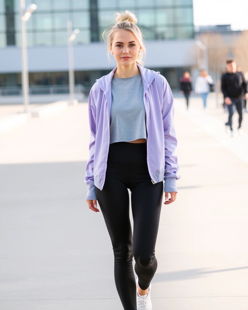 Cosa indossare e come vestirsi con 18 gradi 11 Donna con leggings neri a vita alta, felpa cropped grigia e giacca a vento lilla, sneakers bianche, look sporty-chic per il tempo libero a 18 gradi.