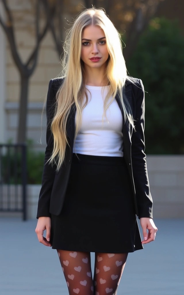 Look elegante e moderno con collant particolari decorati con cuori, blazer nero e minigonna. Perfetto mix tra romanticismo e stile urbano.

