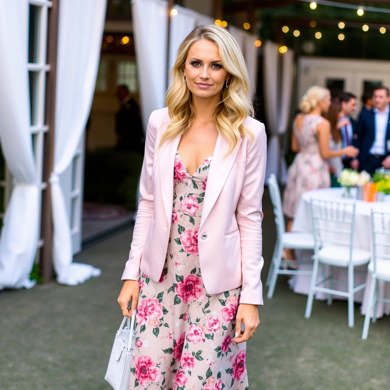 Outfit eleganti con il blazer donna 1 Donna elegante a un matrimonio primaverile con blazer rosa pastello e abito midi a fiori, outfit chic con blazer elegante per cerimonia.