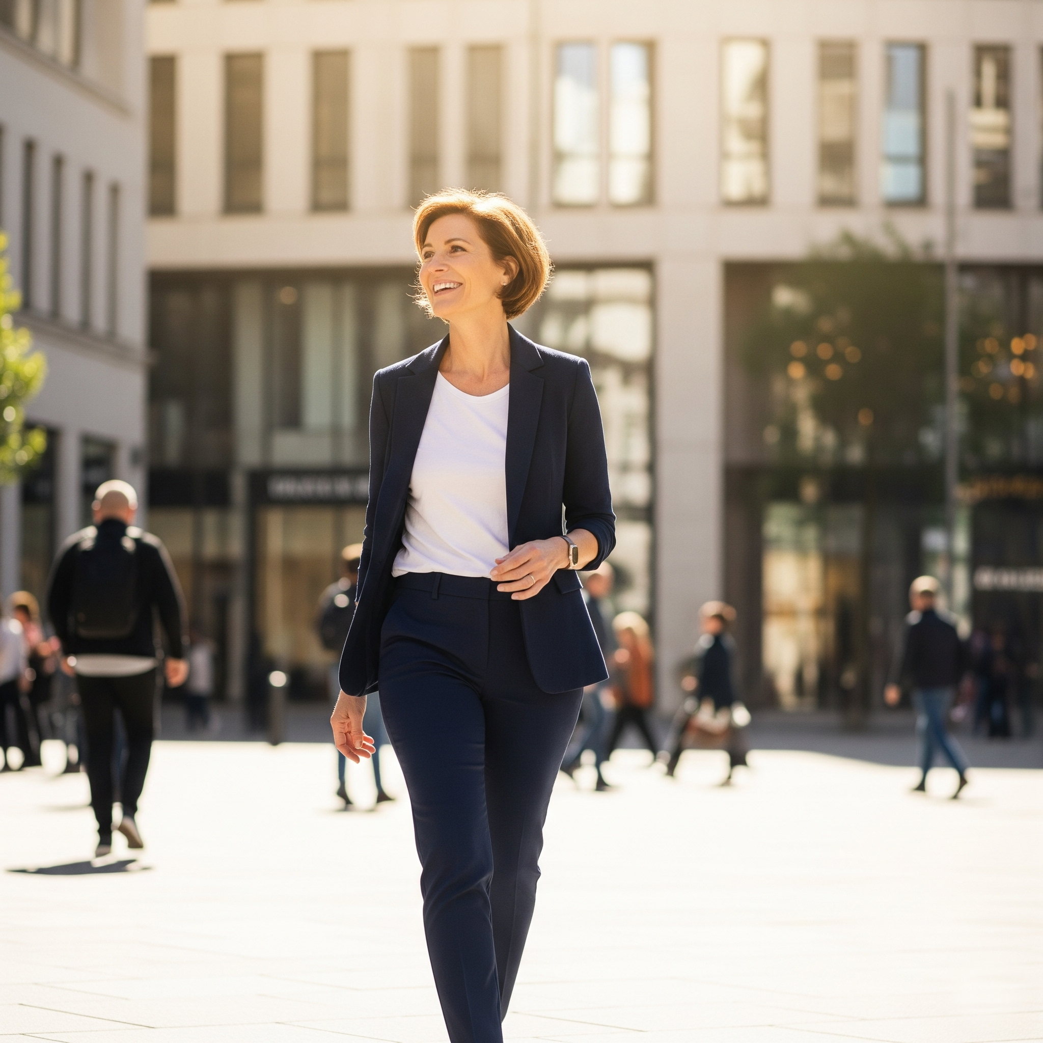 Donna di 50 anni sorridente con un blazer blu navy e pantaloni eleganti cammina in una luminosa piazza di città.

