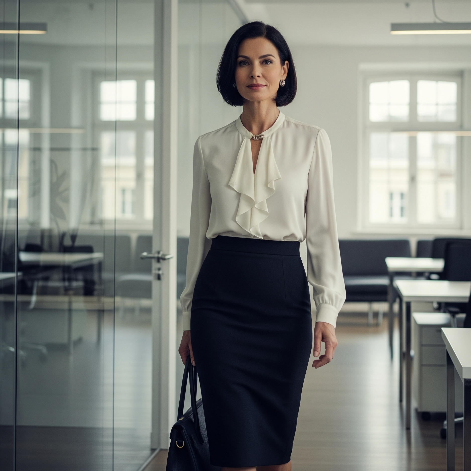 Donna di 50 anni in un ufficio moderno indossa una pencil skirt nera e una camicia bianca elegante per un look professionale.

