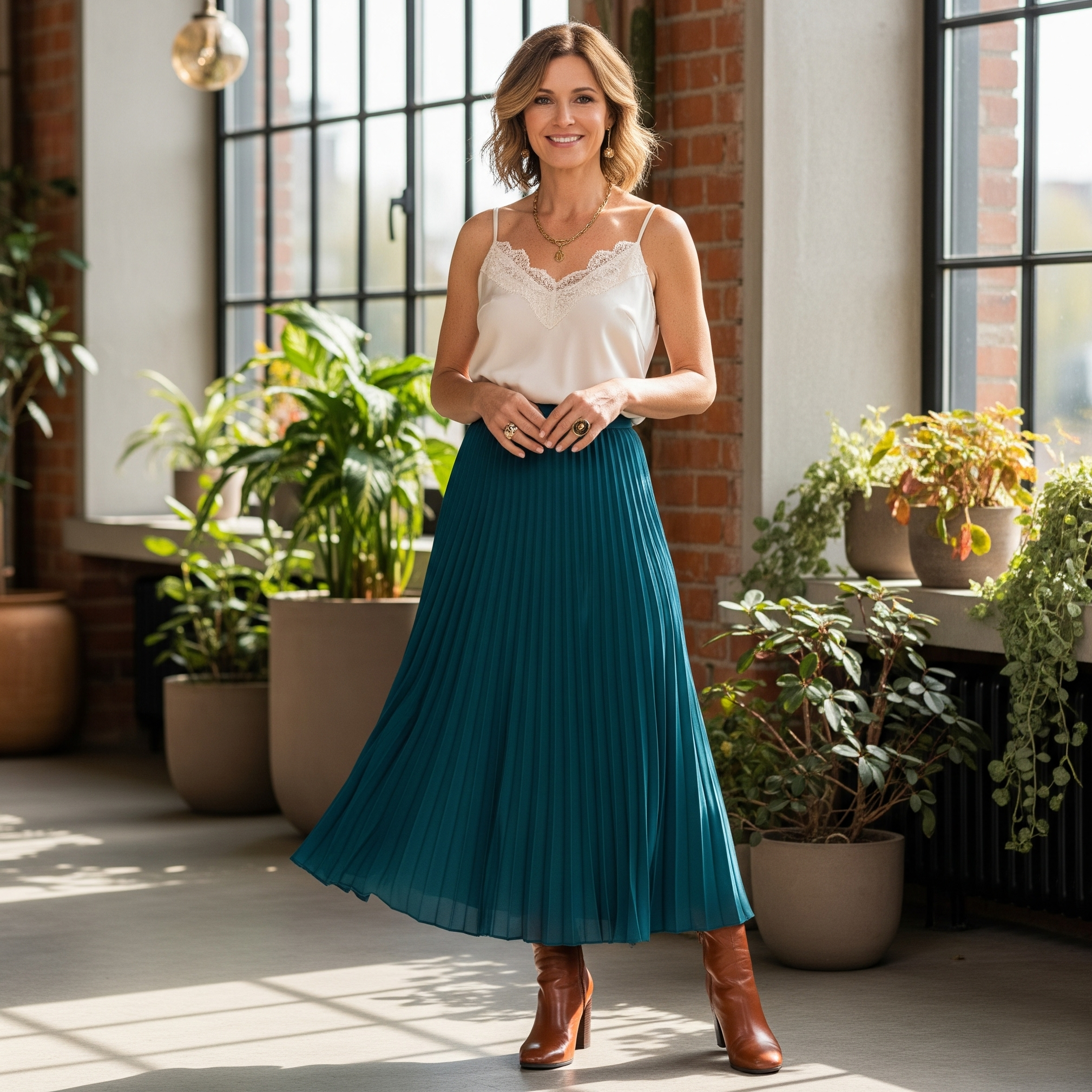 Donna di 50 anni sorridente indossa una gonna midi plissettata color ottanio e un top elegante in un ambiente luminoso con piante.

