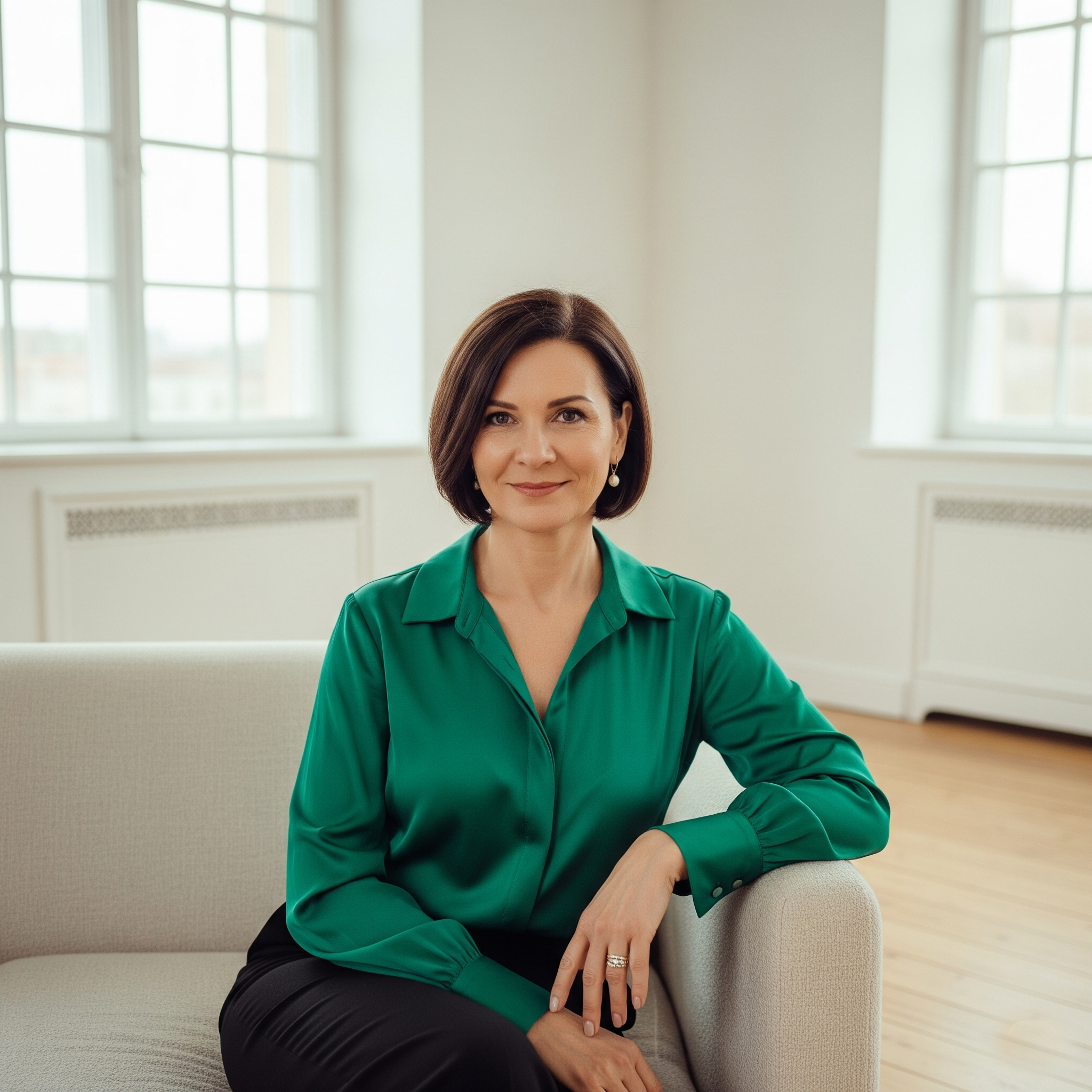 Donna elegante di 50 anni indossa una blusa di seta verde, un capo chiave per un guardaroba di stile.

