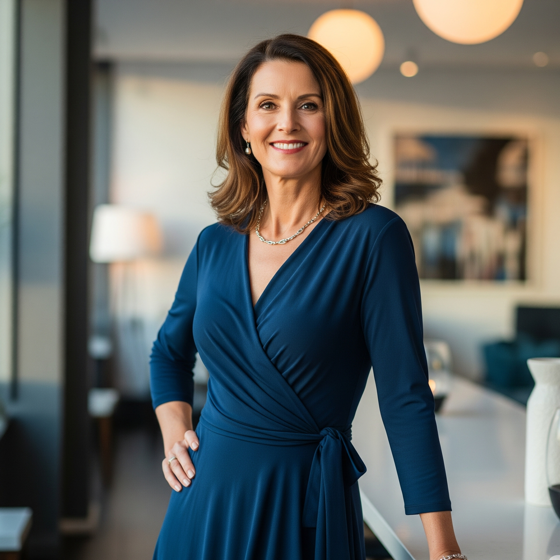 Donna di 50 anni sorridente e sicura di sé indossa un elegante abito a portafoglio blu navy in un interno moderno.

