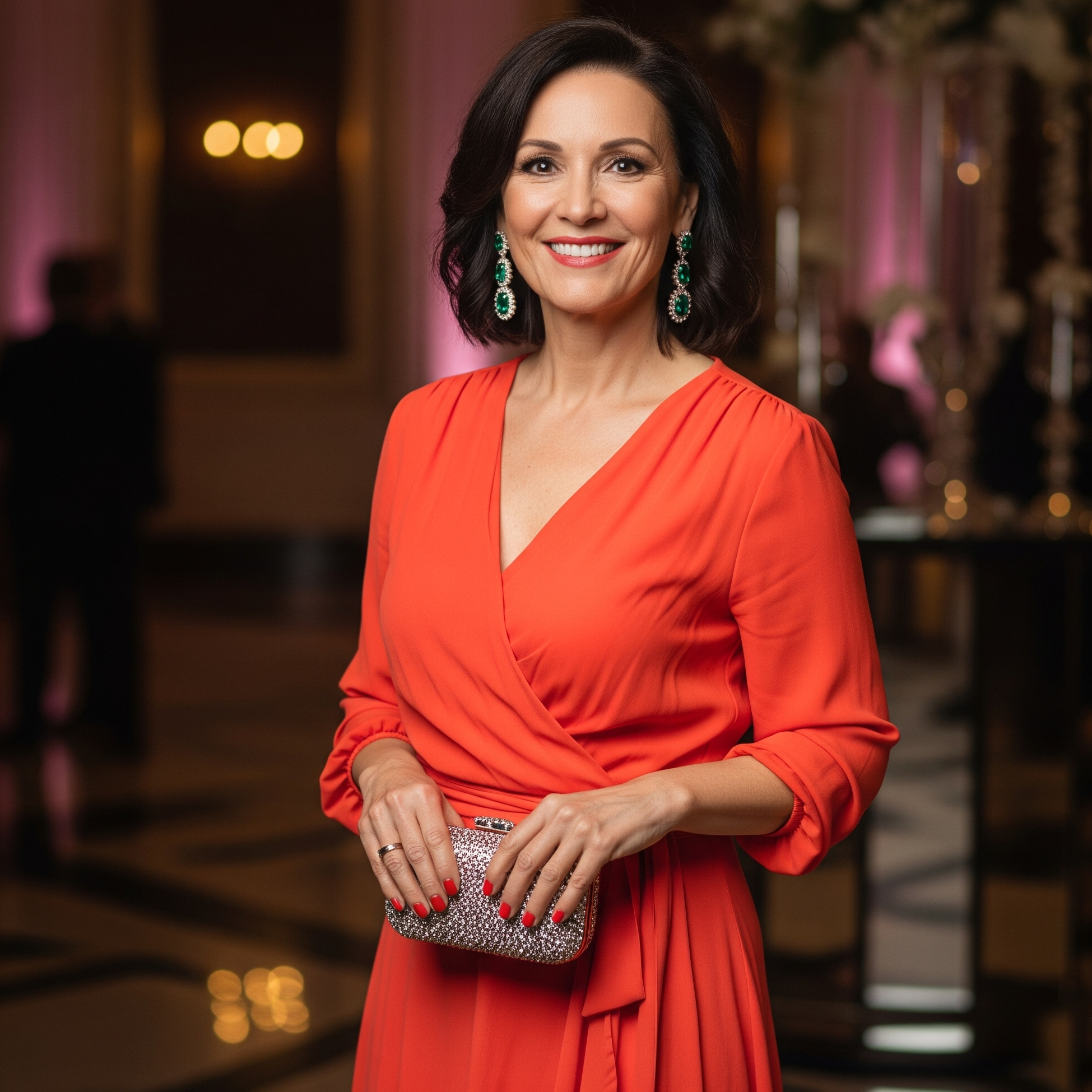 Donna di 50 anni radiosa a un evento serale indossa un abito a portafoglio arancione, orecchini pendenti e pochette gioiello.

