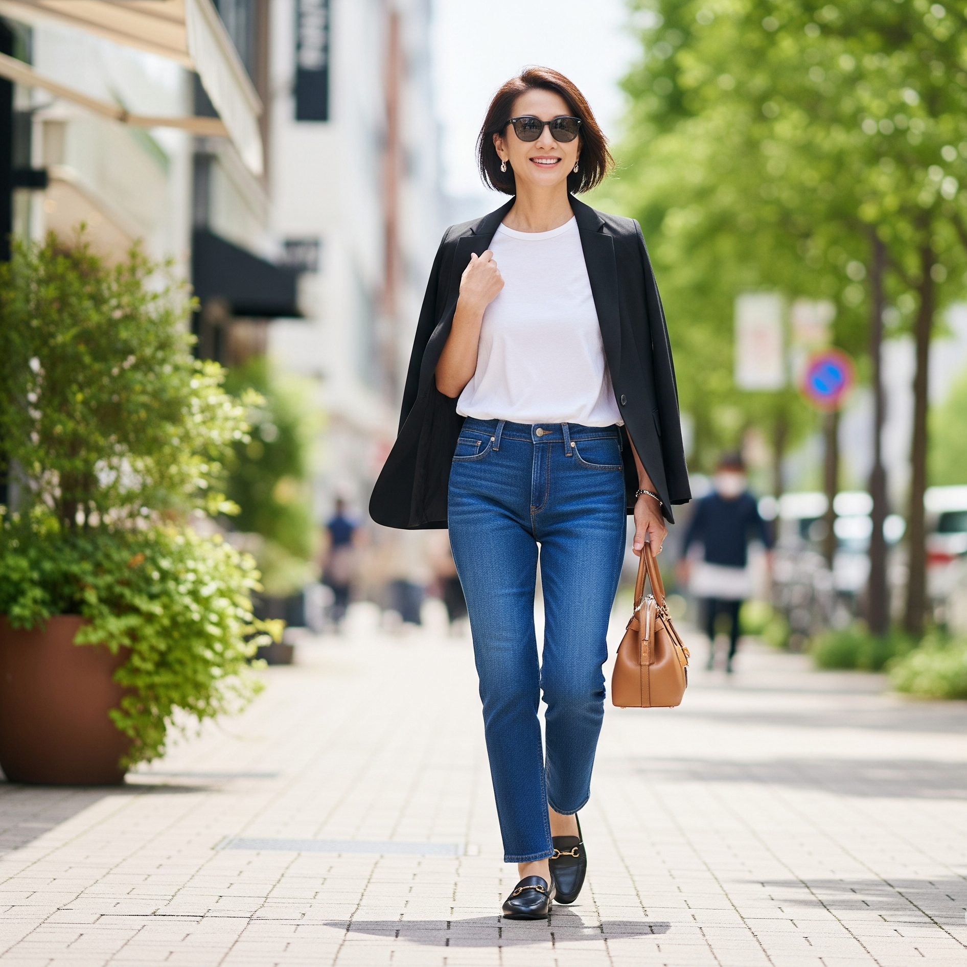 Donna di 50 anni con un look casual chic cammina per strada indossando jeans, t-shirt bianca, blazer nero e mocassini.

