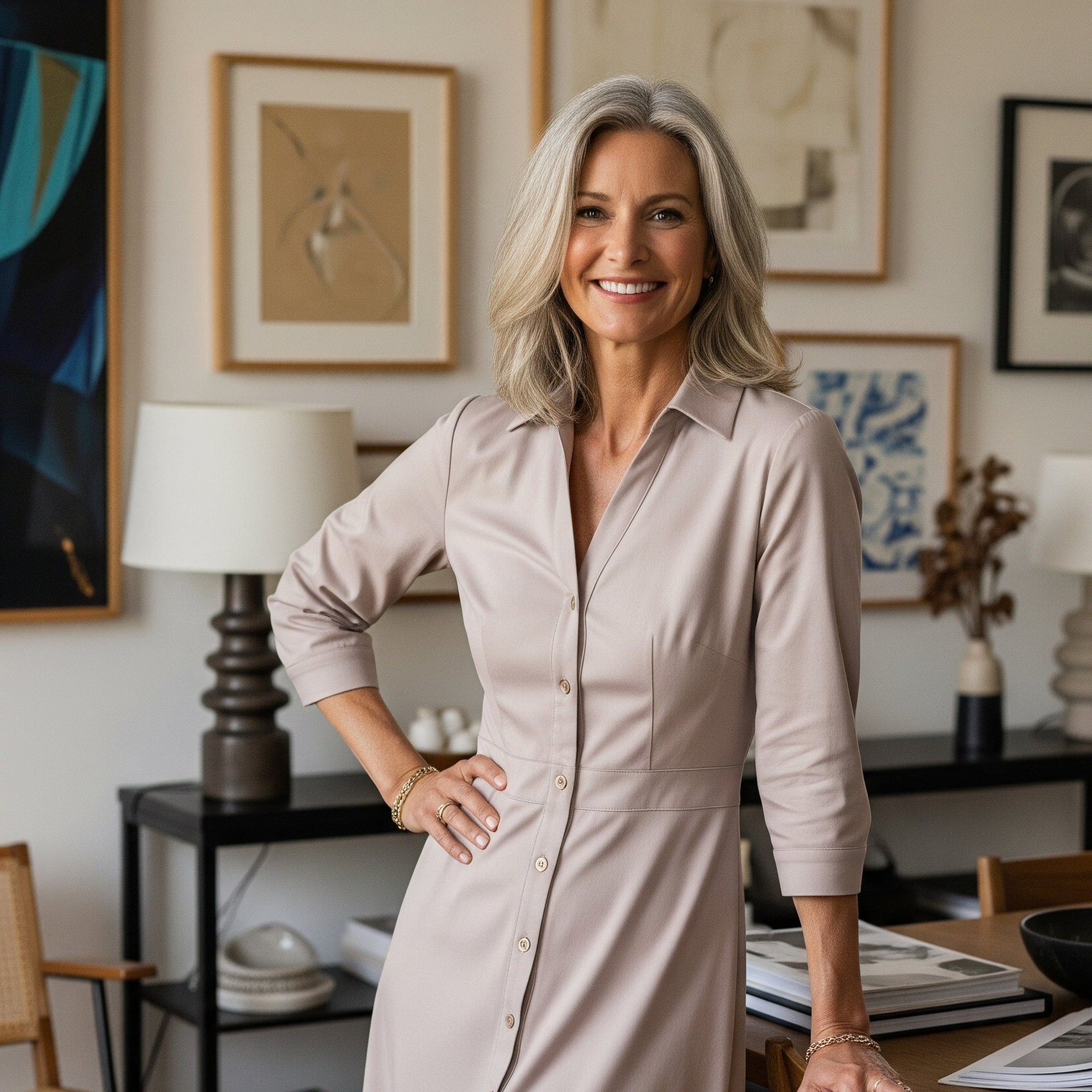 Donna di 50 anni con capelli grigi alla moda indossa un abito chemisier color neutro in un ambiente di design.

