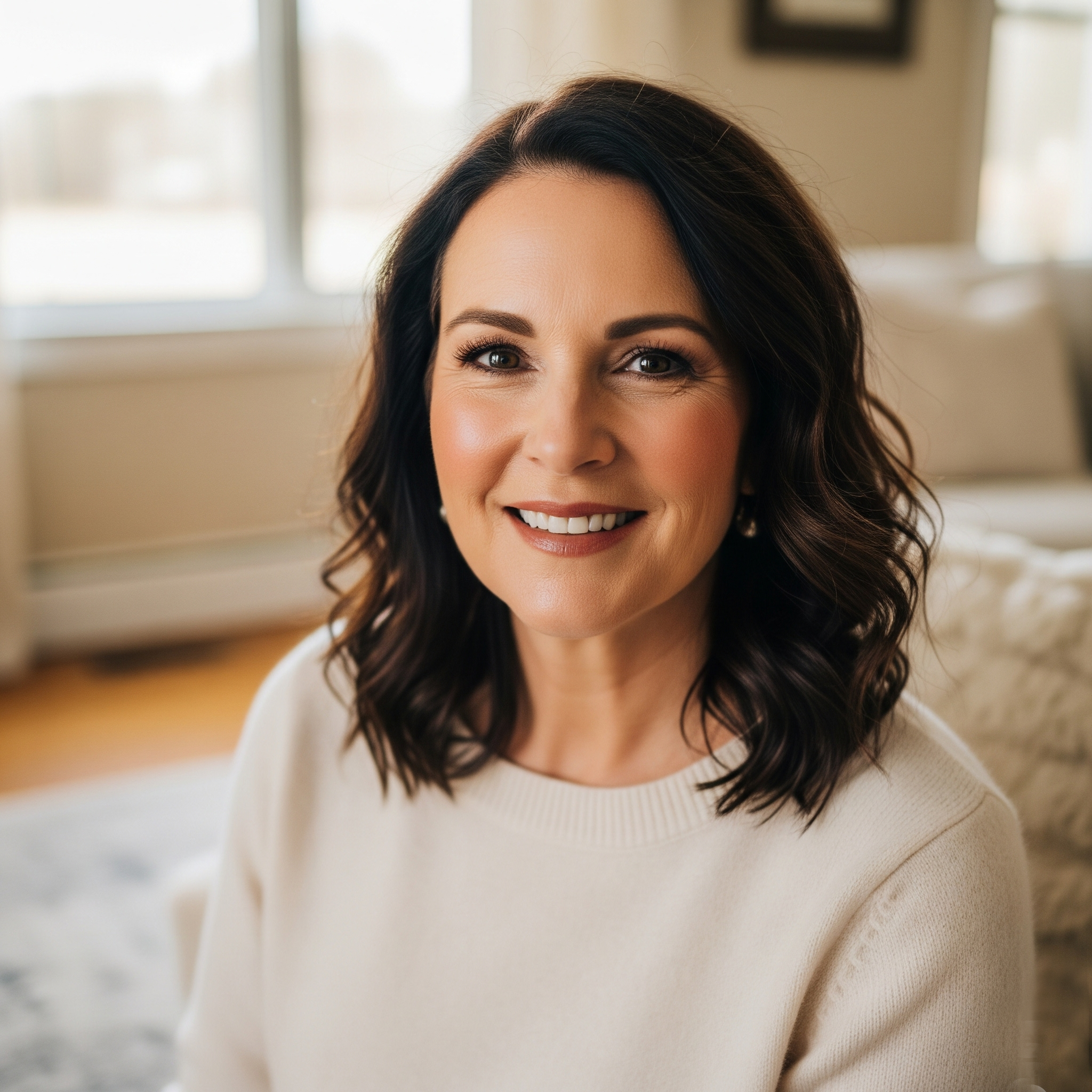 Donna sorridente di 50 anni indossa un morbido maglioncino di cashmere, capo essenziale per uno stile comodo ed elegante.

