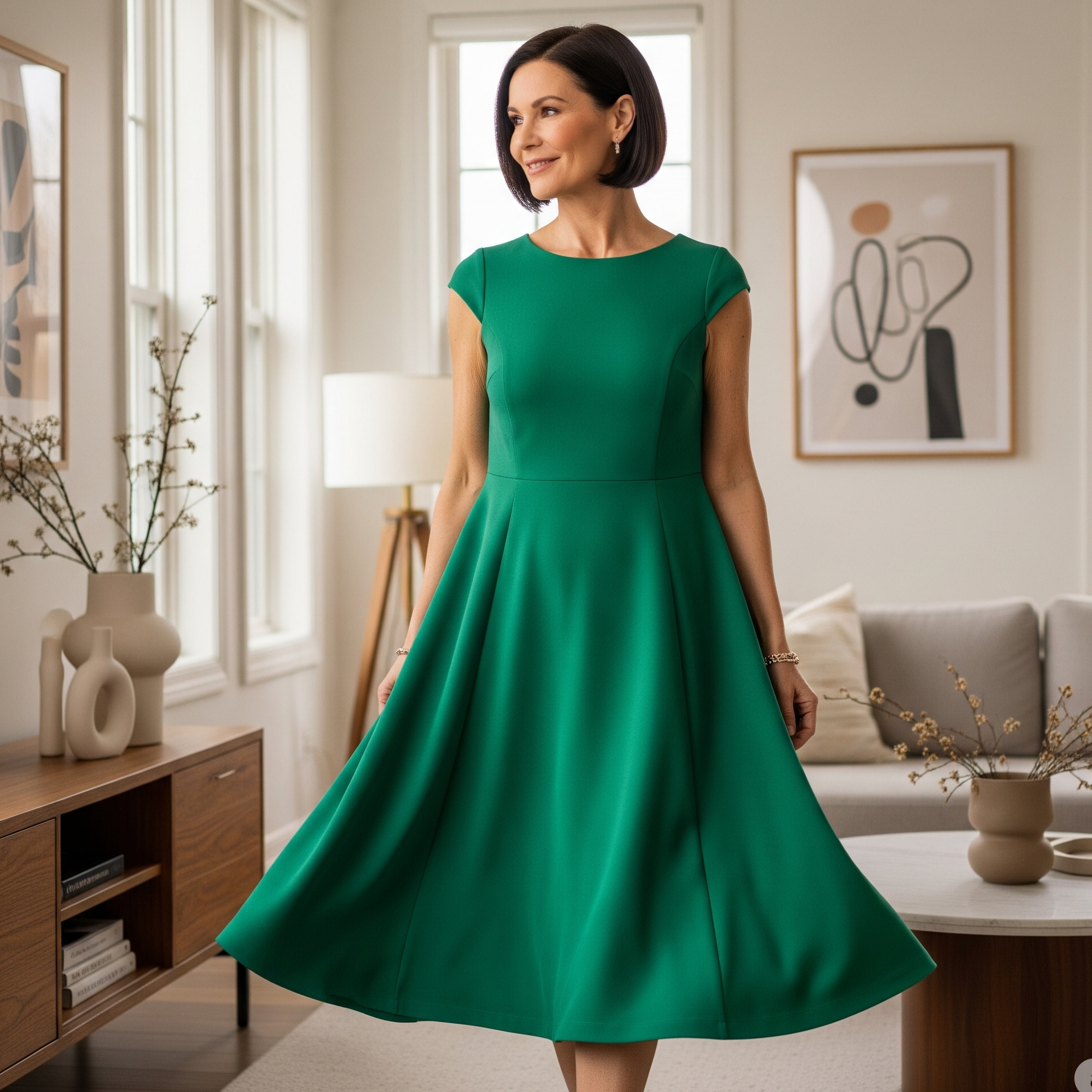 Donna di 50 anni indossa un abito verde brillante dalla linea ad A in un salotto moderno e luminoso.

