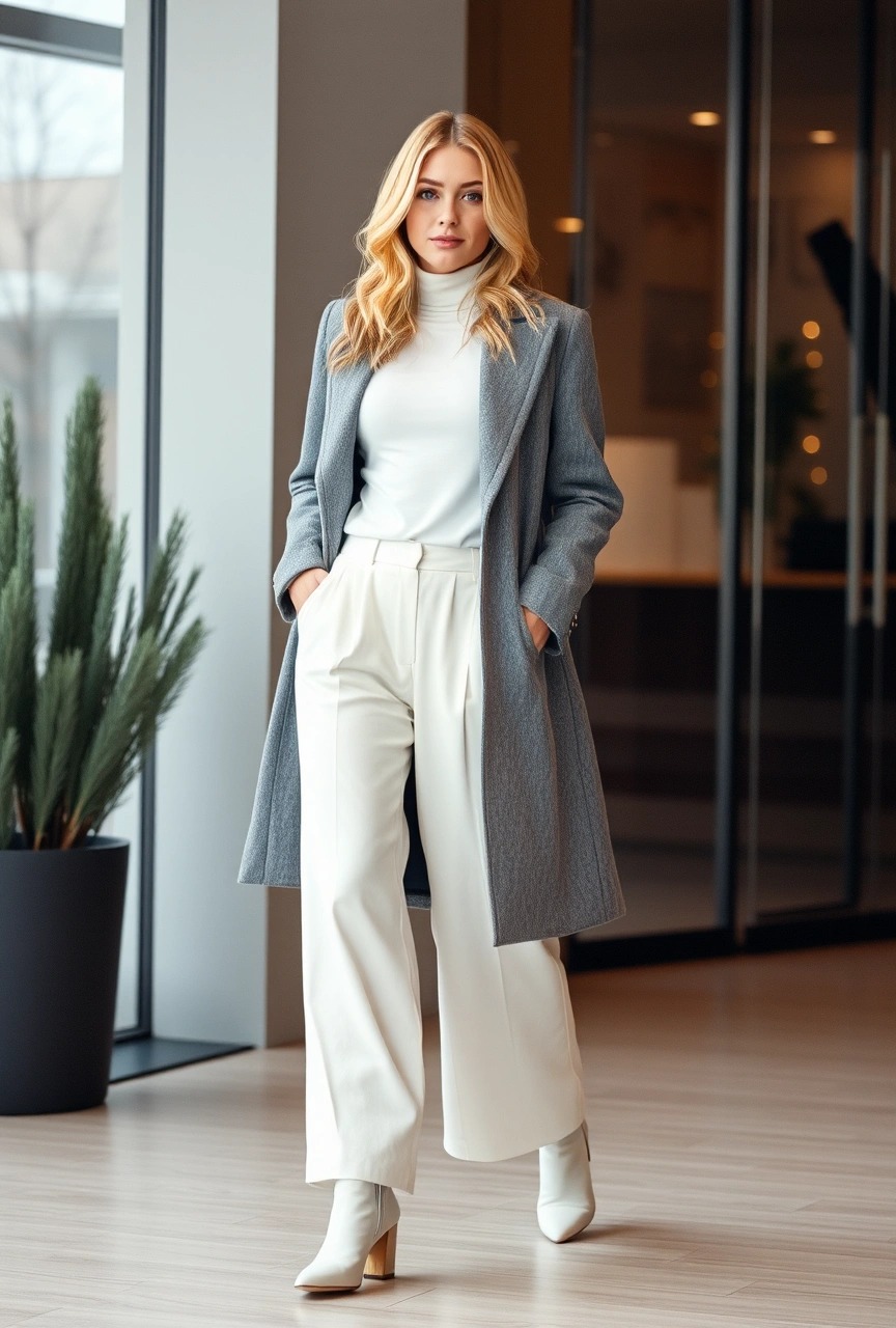 Come abbinare il grigio 2 Look invernale femminile con cappotto grigio, dolcevita bianco, pantaloni palazzo bianchi e stivaletti bianchi, abbinamento grigio e bianco sofisticato e moderno