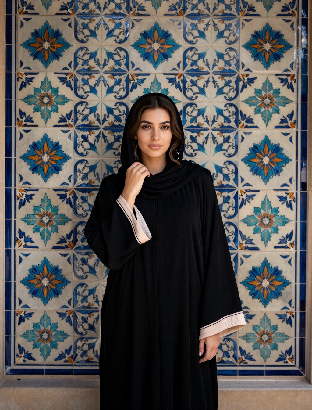 Donna con abaya nera e velo davanti a parete decorata con piastrelle geometriche, esempio di abbigliamento tradizionale e modesto per l’Oman