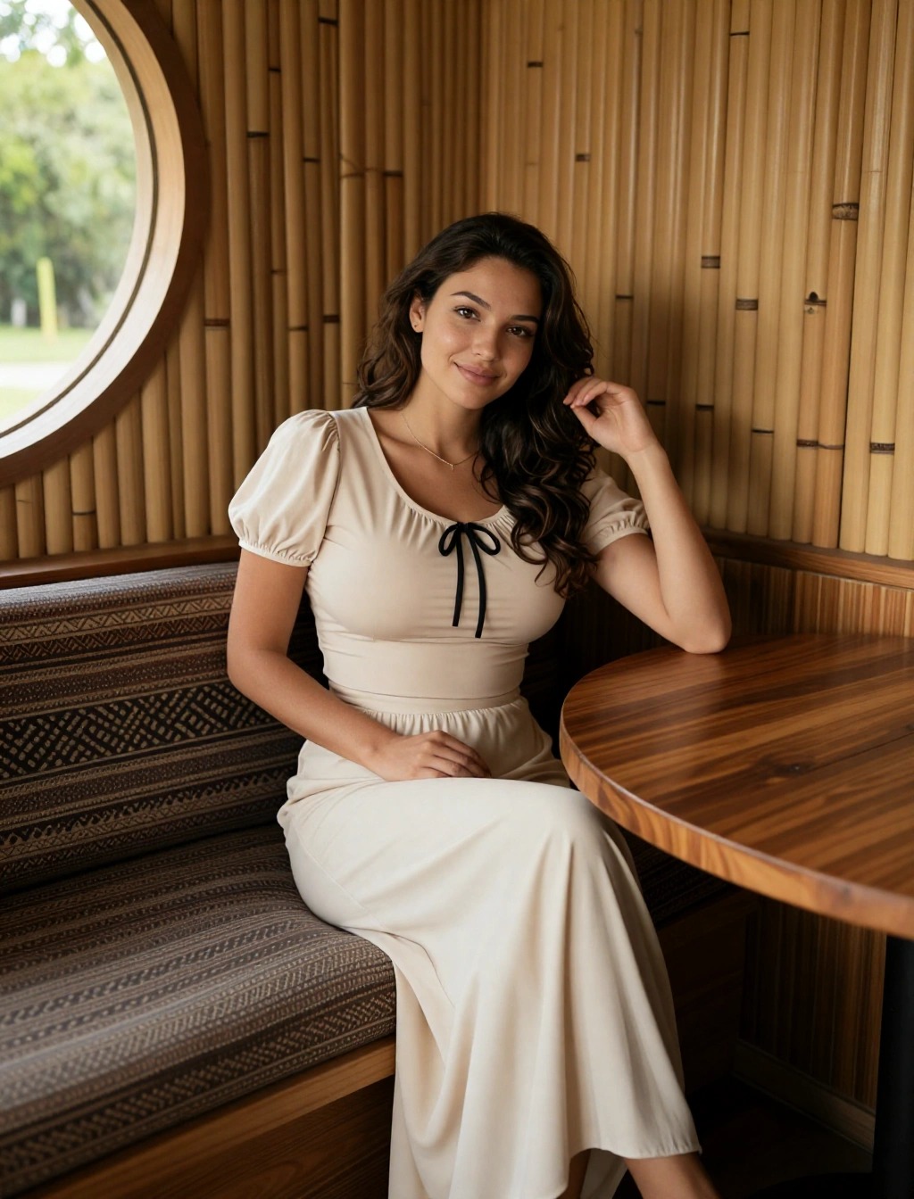 Donna con abito lungo beige a maniche corte seduta in un locale in stile tradizionale, esempio di outfit elegante e discreto per uscire la sera in Oman