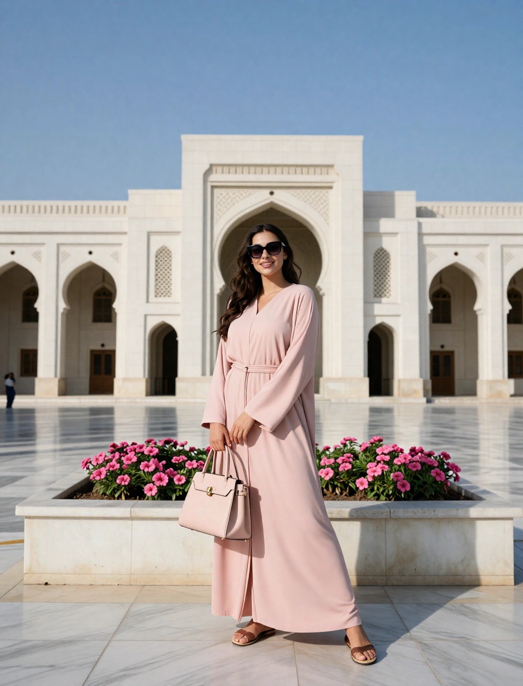 Donna con abito lungo rosa, sandali e borsa chiara davanti a un palazzo in stile omanita, esempio di outfit rispettoso per viaggiare in Oman