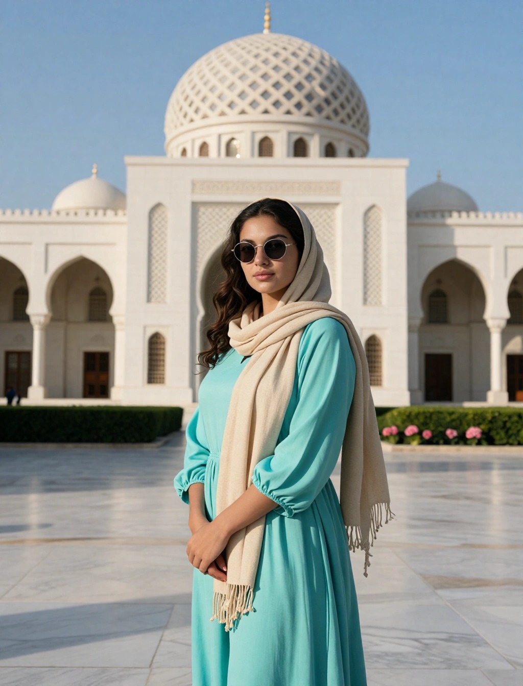 Donna con abito lungo turchese e pashmina chiara sui capelli davanti a una moschea in Oman, esempio di outfit modesto per visitare luoghi religiosi
