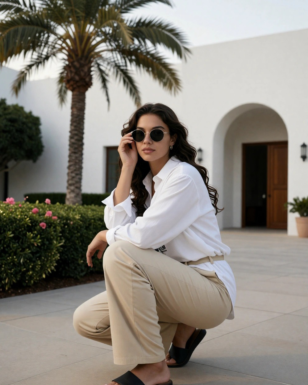 Donna con camicia bianca, pantaloni beige e sandali neri davanti a palme e edificio bianco in Oman, esempio di outfit comodo e discreto per visitare la città