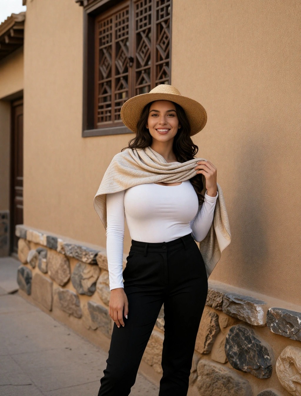 Donna con cappello di paglia, top bianco a maniche lunghe, pashmina beige e pantaloni neri in una strada tradizionale omanita, esempio di outfit per visitare le città in Oman