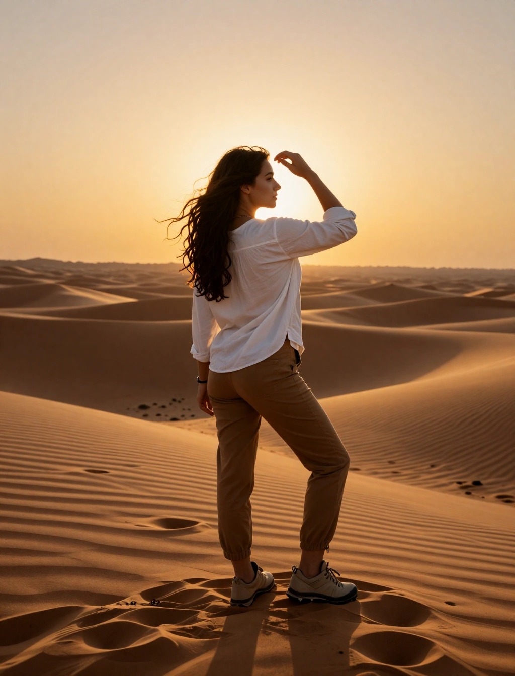 Donna con camicia bianca, pantaloni color sabbia e scarpe da trekking che cammina sulle dune al tramonto nel deserto dell’Oman, esempio di outfit comodo per escursione