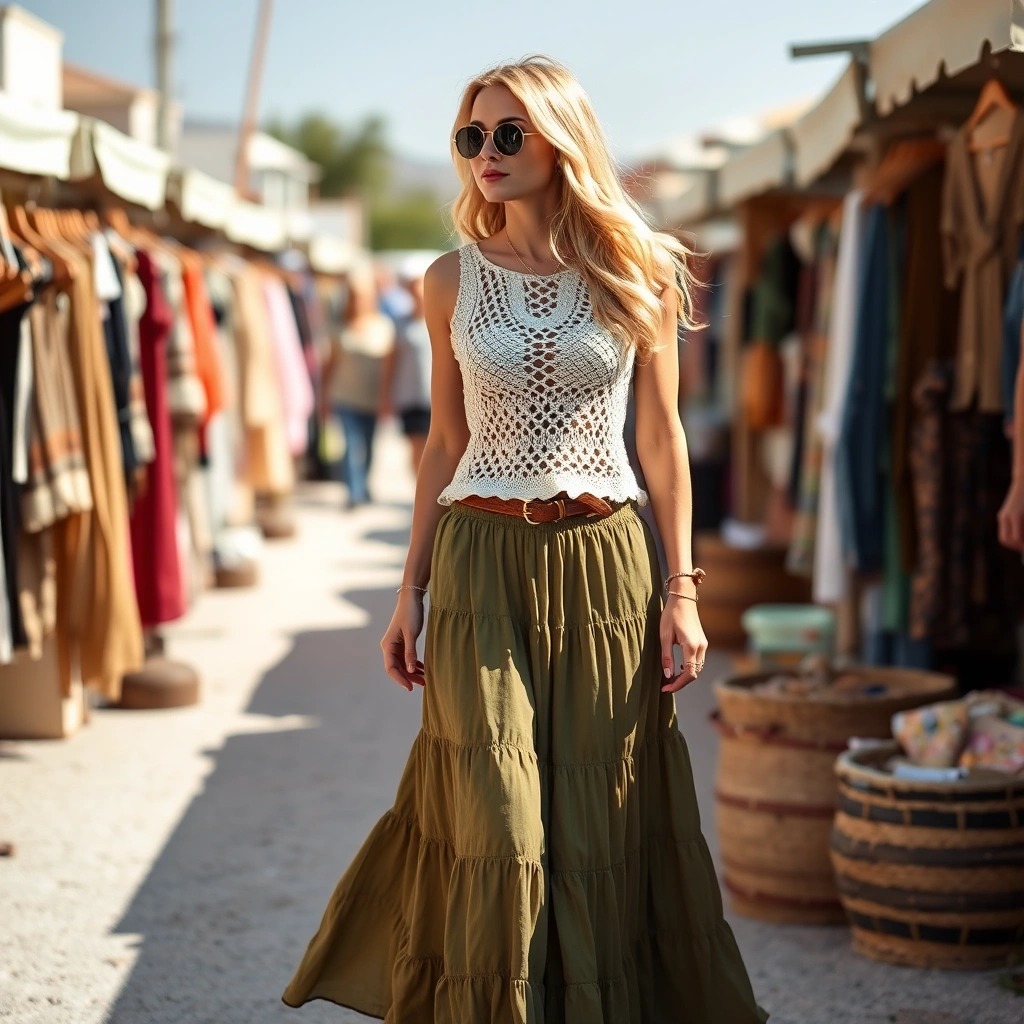 Come vestirsi a Ibiza a Maggio 12 Outfit boho per i mercatini di Ibiza a maggio con top crochet bianco e gonna lunga verde oliva