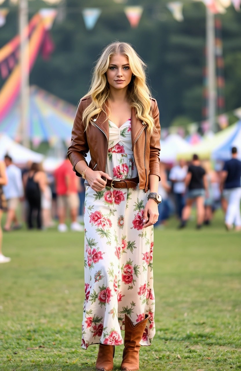 Donna con giacca di pelle marrone, abito lungo floreale e stivali texani marroni, look boho da festival all’aperto con cintura in vita

