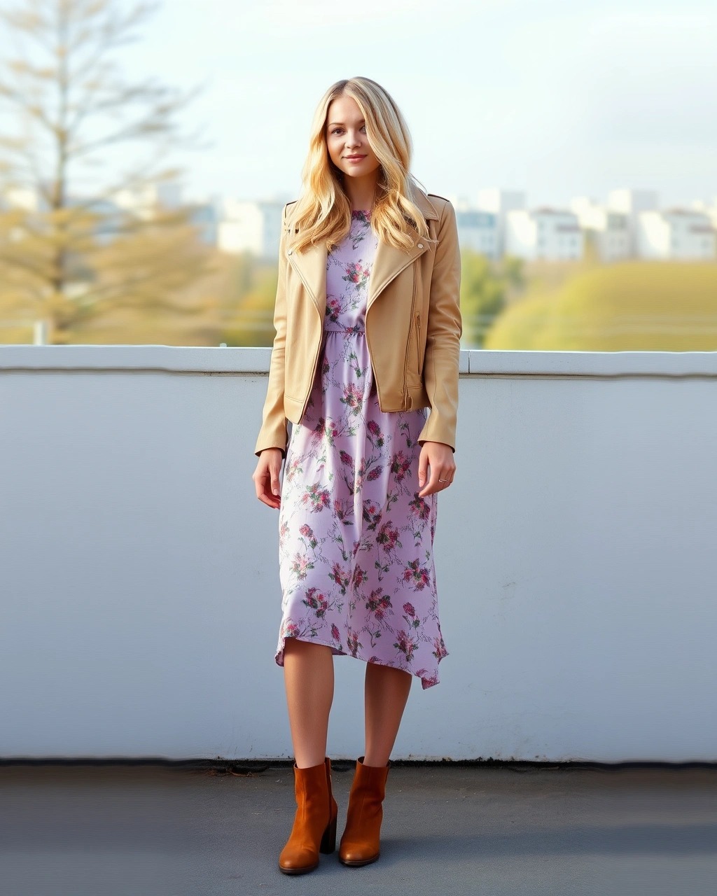 Cosa indossare e come vestirsi con 18 gradi 12 Donna con vestito midi lilla a fiori, giacca in ecopelle beige e stivaletti bassi color cuoio, outfit femminile e rilassato per il tempo libero a 18 gradi.