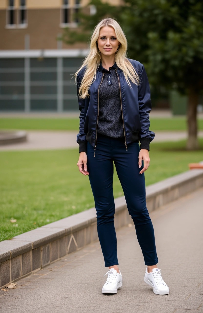 Come abbinare un pantalone blu scuro da donna 11 Look athleisure elegante con pantalone blu scuro, polo in maglia grigia e bomber satinato blu navy, abbinato a sneakers bianche minimal