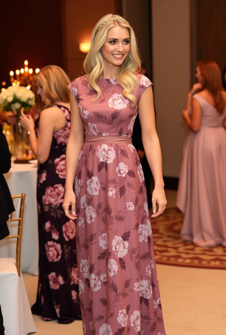 Abito lungo floreale tono su tono color malva con cintura in vita e cerchietto dorato, perfetto per una cerimonia diurna o all’aperto per i 25 anni di matrimonio

