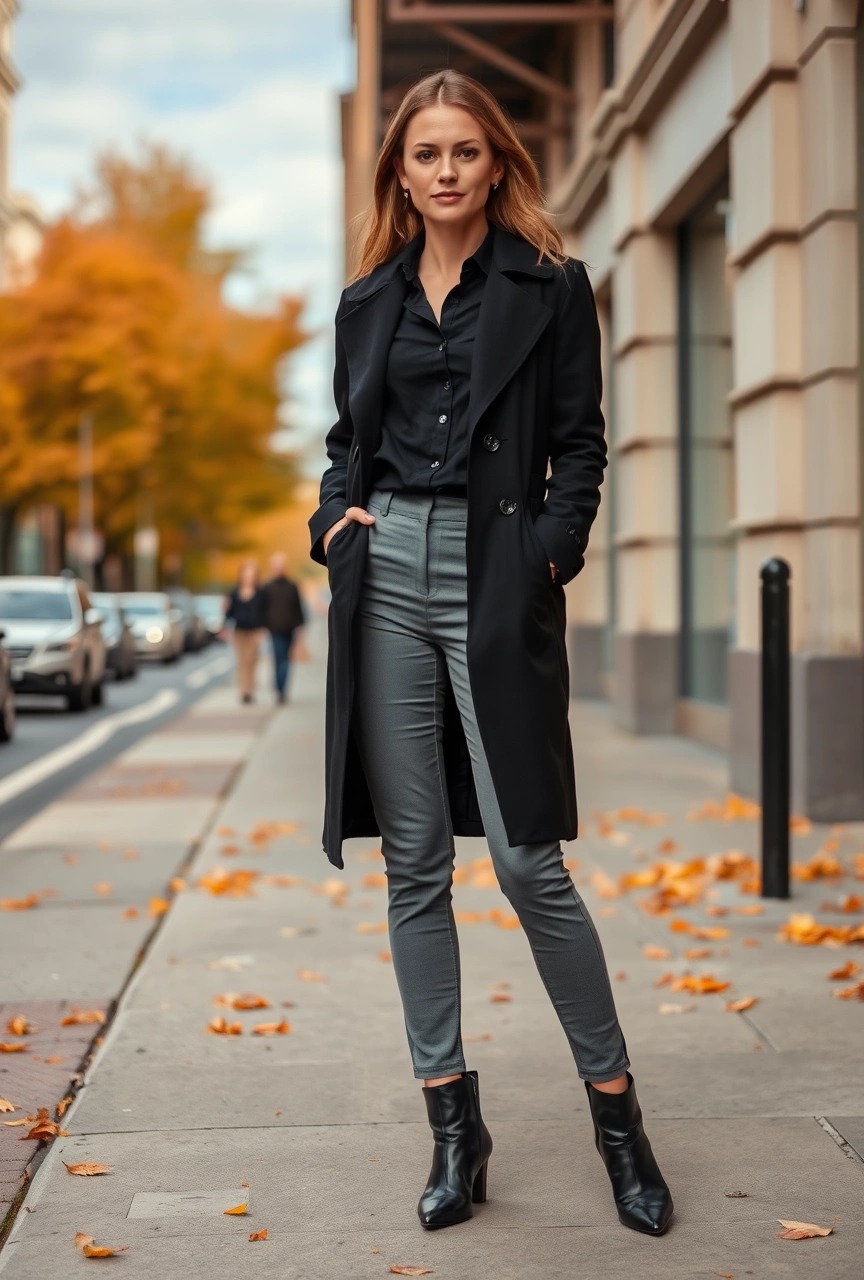 Come abbinare il grigio 3 Outfit elegante autunnale con cappotto nero, camicia nera e pantaloni grigi, abbinamento grigio e nero perfetto per look urbani sofisticati