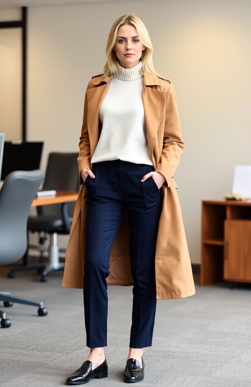 Come abbinare un pantalone blu scuro da donna 2 Outfit da ufficio con pantalone blu scuro, dolcevita panna, trench cammello e mocassini lucidi, stile raffinato per la mezza stagione