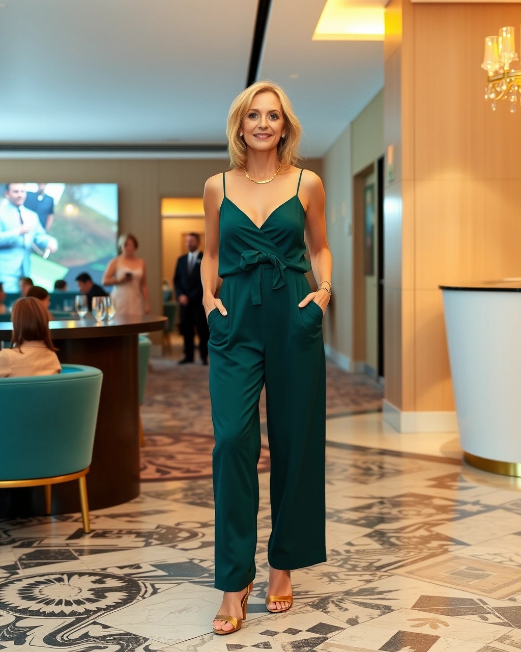 Come vestirsi a un matrimonio a 50 anni 6 Tuta verde petrolio con spalline sottili e sandali oro per look moderno da invitata over 50