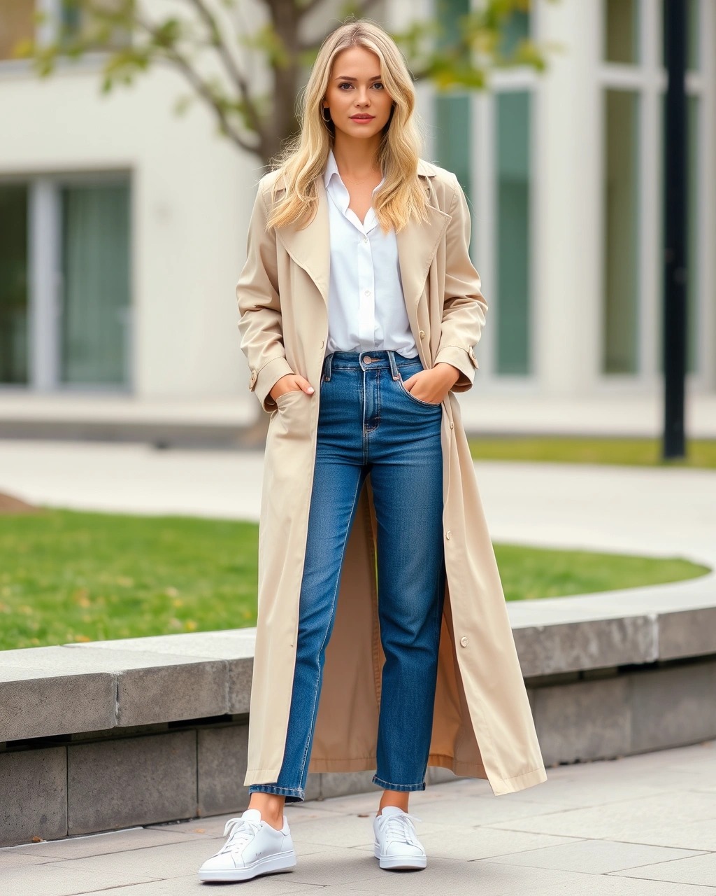 Cosa indossare e come vestirsi con 18 gradi 1 Donna con trench beige, jeans dritti blu, camicia bianca e sneakers bianche, outfit perfetto per 18 gradi di giorno, look casual chic e versatile per la primavera.