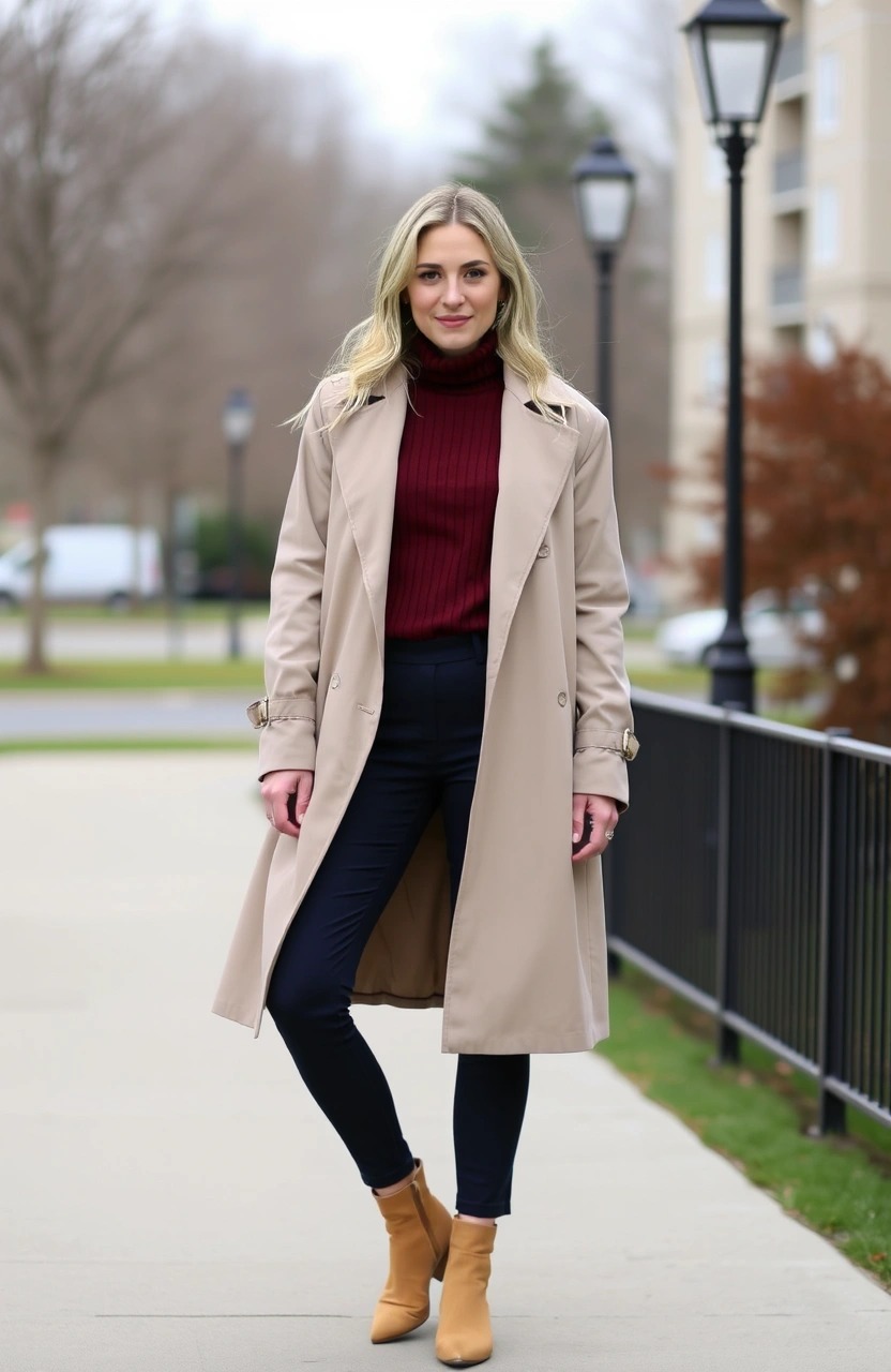 Come abbinare un pantalone blu scuro da donna 14 Look di mezza stagione con pantalone blu scuro, dolcevita a coste bordeaux, trench beige e stivaletti con tacco in pelle chiara