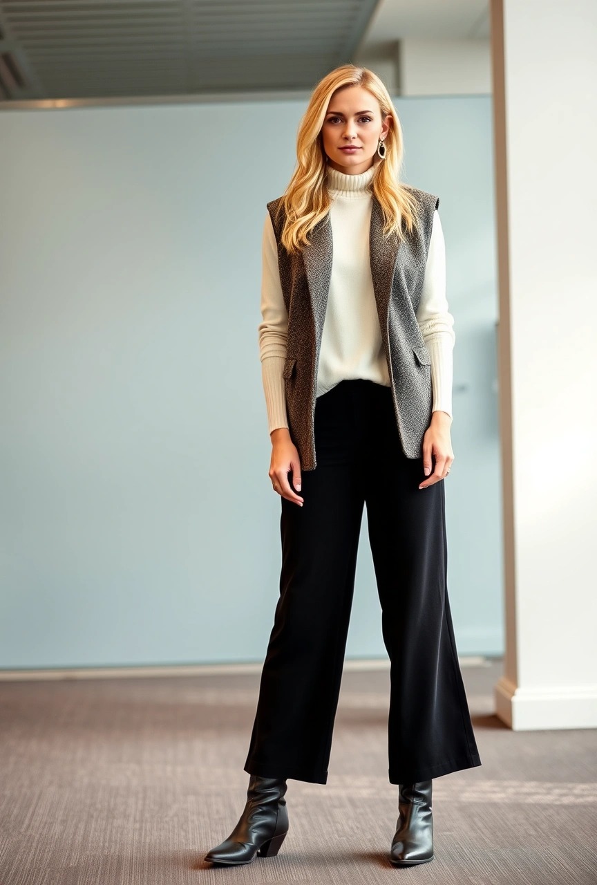 Donna con look da lavoro in stile baggy: pantaloni palazzo neri, maglione fitted color panna e gilet oversize in tweed. Outfit raffinato con stivaletti neri in pelle.


