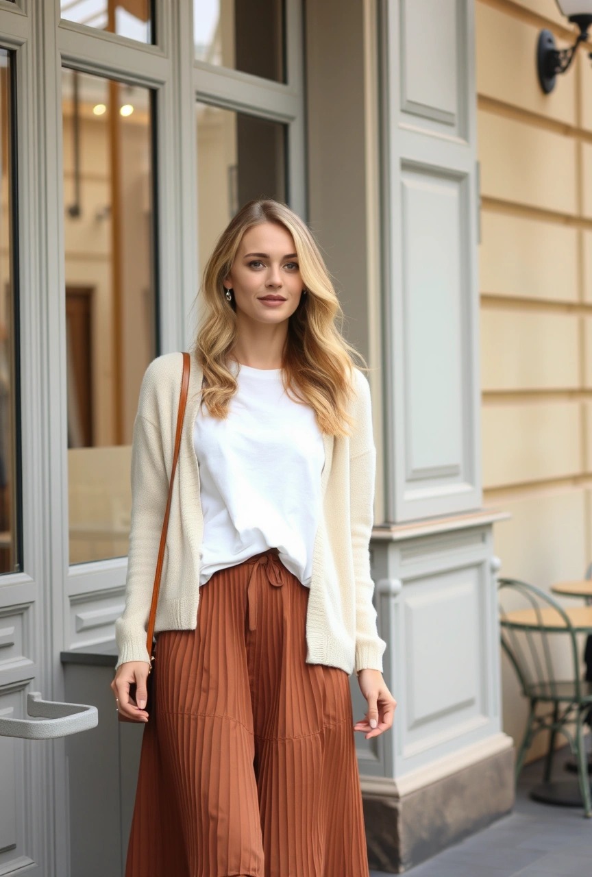 Look da brunch a Parigi: gonna midi plissé color tabacco, t-shirt bianca e cardigan panna per uno stile rilassato ma chic