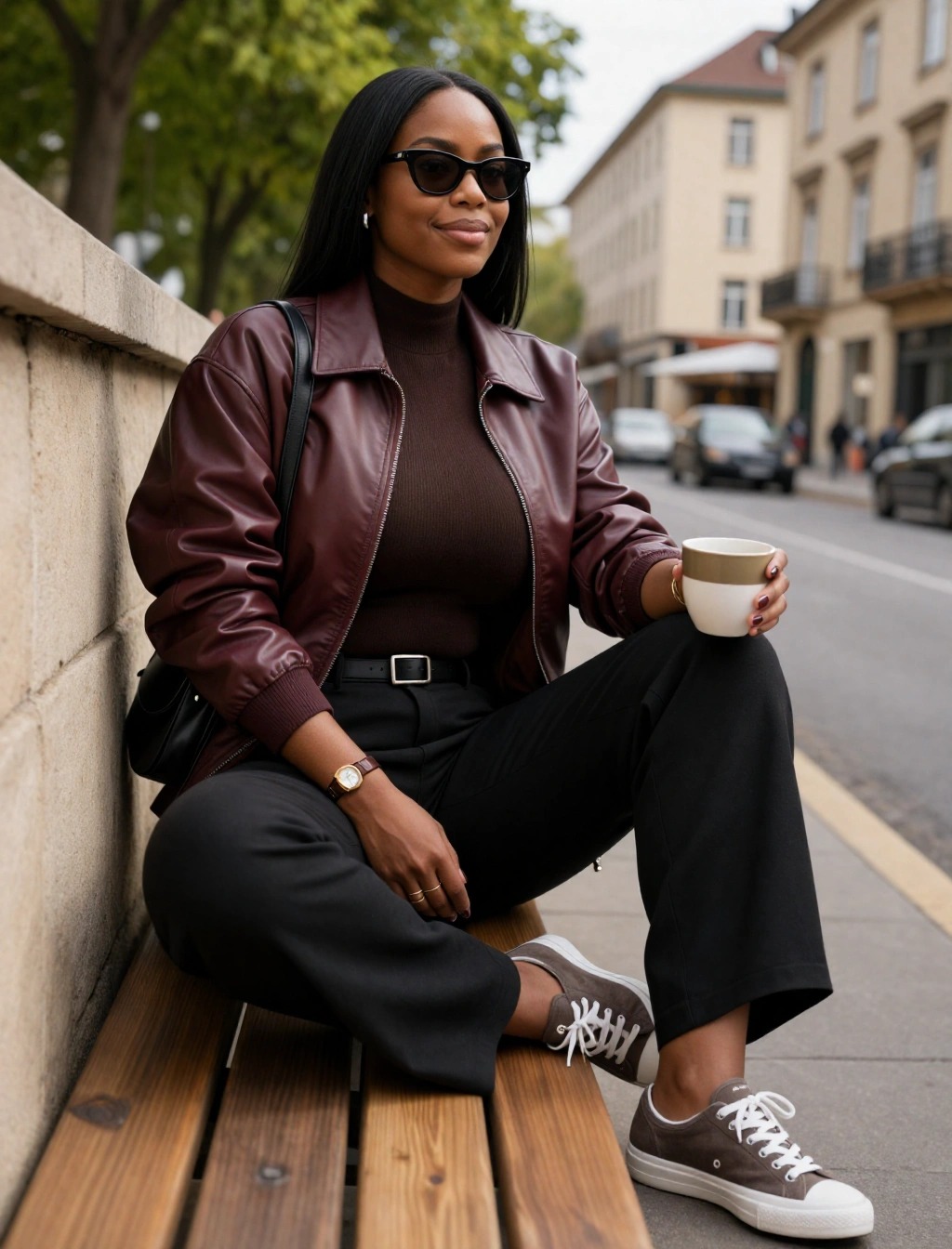 Come Vestirsi ad Aprile Donna: Guida Outfit e Tendenze 3 Outfit donna per aprile con giacca in pelle bordeaux, dolcevita marrone, pantaloni neri e sneakers casual