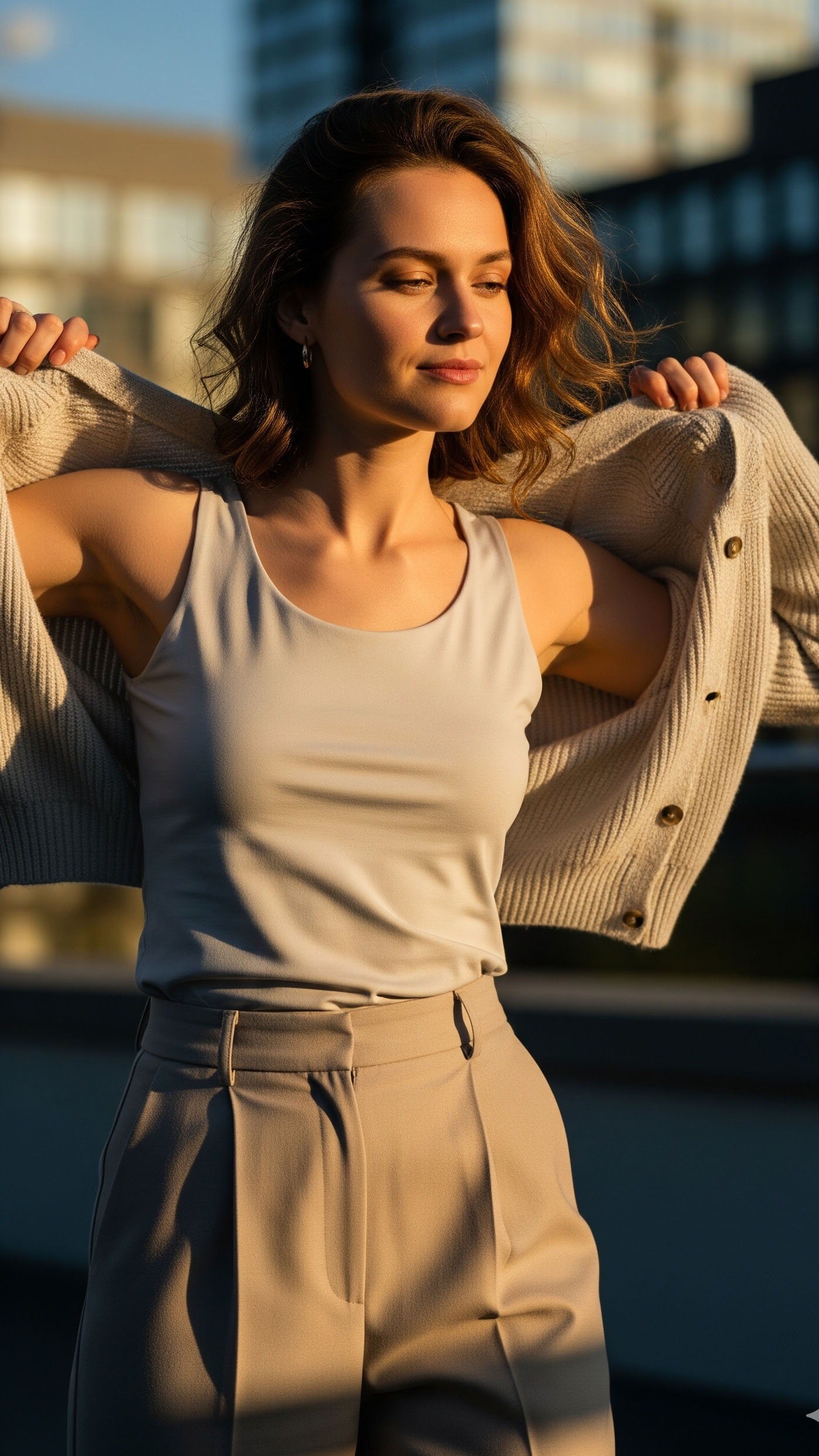 Donna elegante che indossa una canotta beige con cardigan leggero sulle spalle, esempio di outfit a cipolla per 20 gradi.