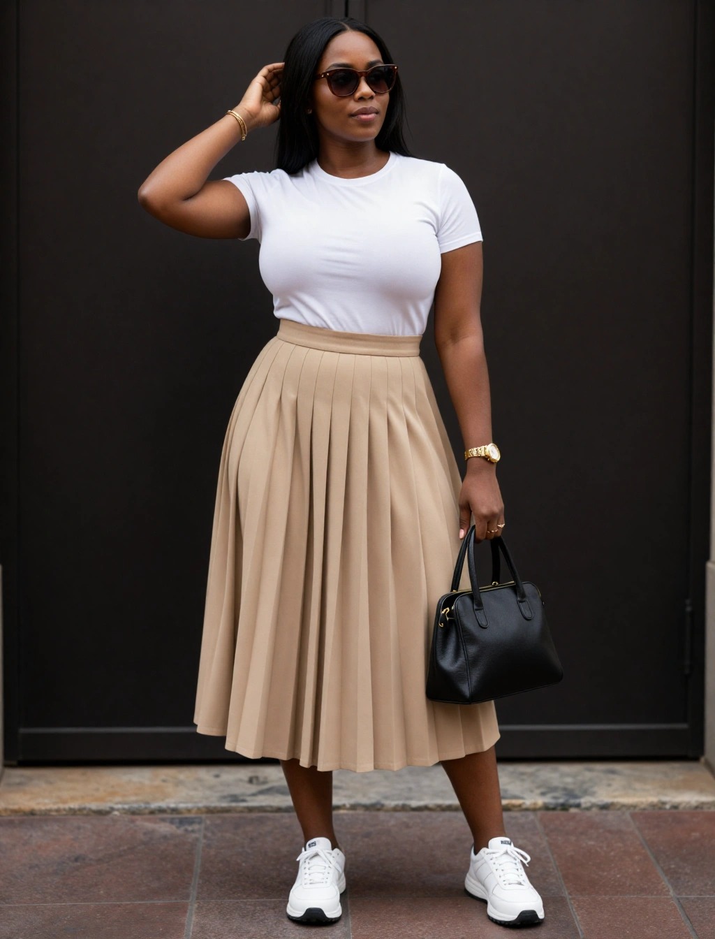 Come Vestirsi ad Aprile Donna: Guida Outfit e Tendenze 12 Outfit donna per aprile con gonna plissé beige, t-shirt bianca e sneakers bianche casual chic primaverile