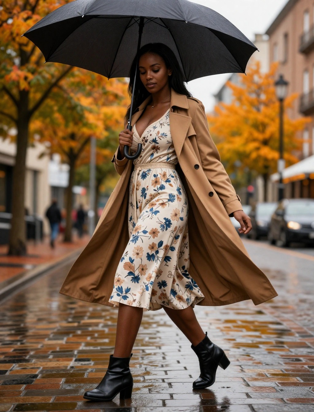 Come Vestirsi ad Aprile Donna: Guida Outfit e Tendenze 4 Outfit donna per aprile sotto la pioggia con trench beige, abito floreale e stivaletti neri eleganti