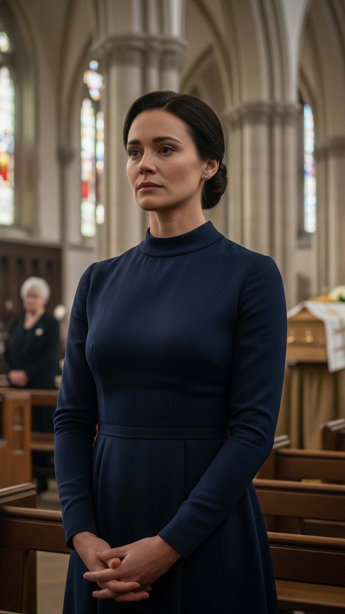 Come vestirsi a un funerale: donna indossa un abito blu notte, un'alternativa al nero per un outfit sobrio e rispettoso.