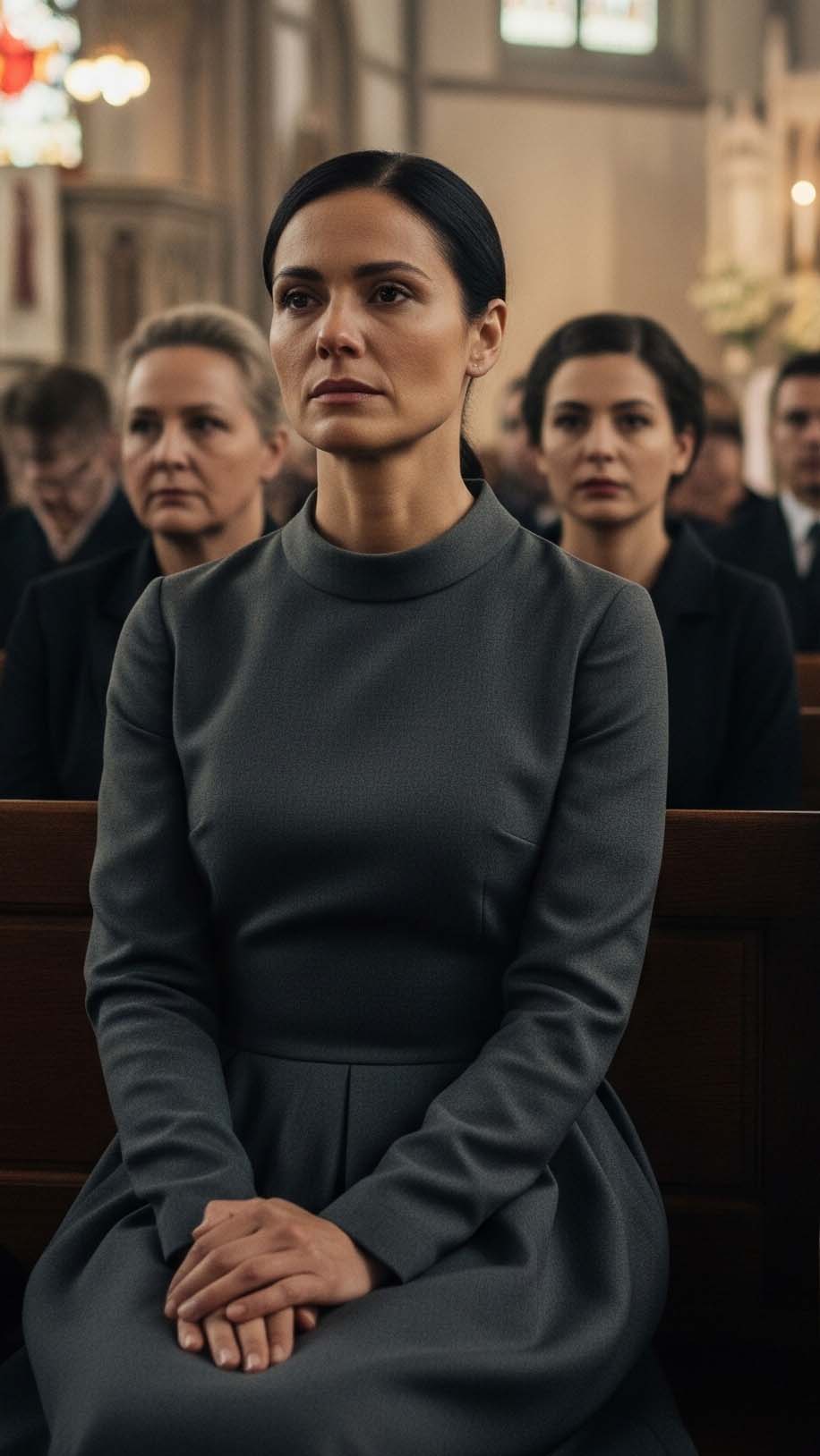 Donna in abito grigio fumo di Londra partecipa a un funerale in chiesa, esempio di come vestirsi in modo discreto e rispettoso.