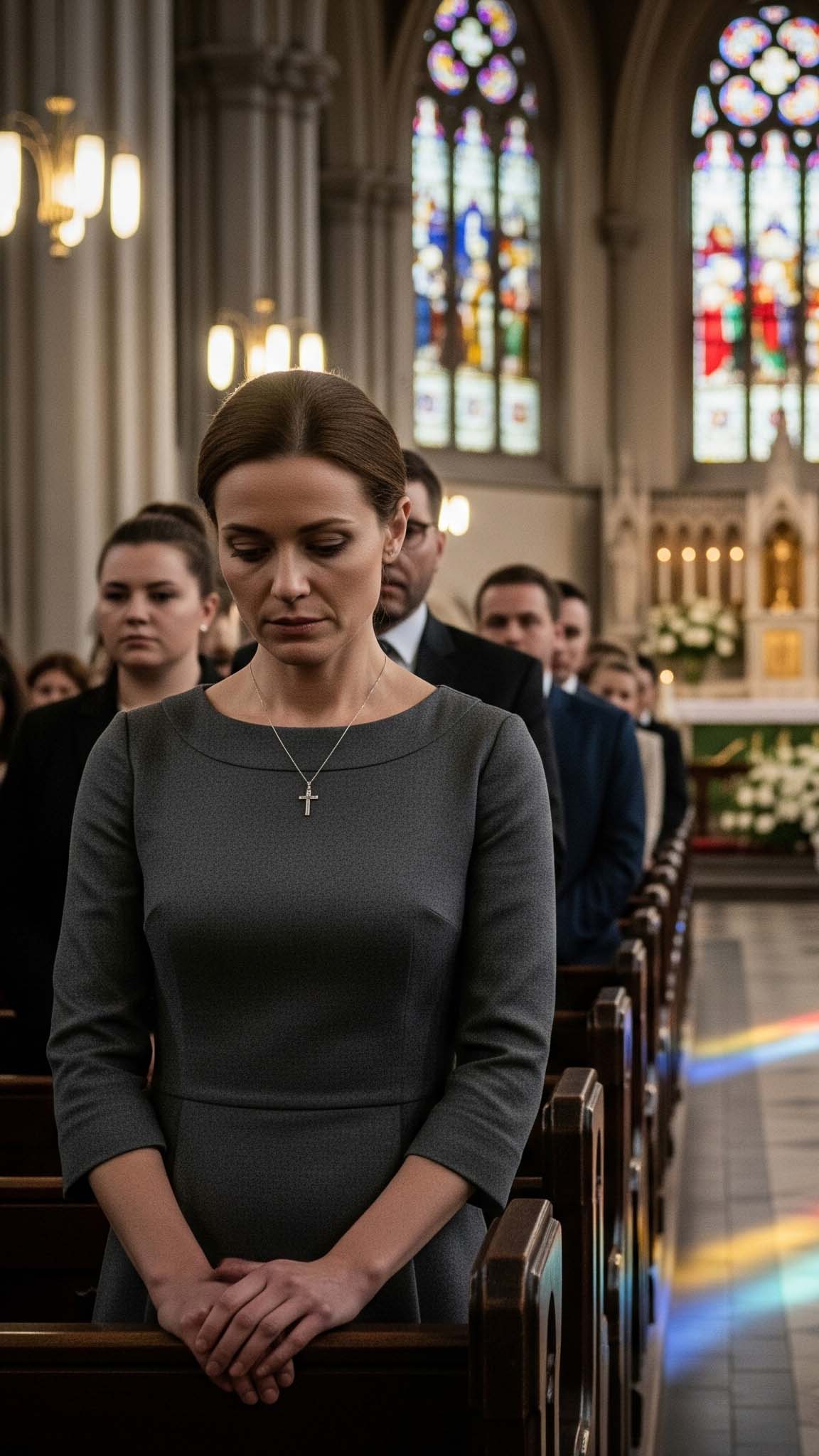Esempio di outfit per un funerale da donna: una donna con un sobrio abito grigio al ginocchio si raccoglie in preghiera in una chiesa durante la cerimonia.
