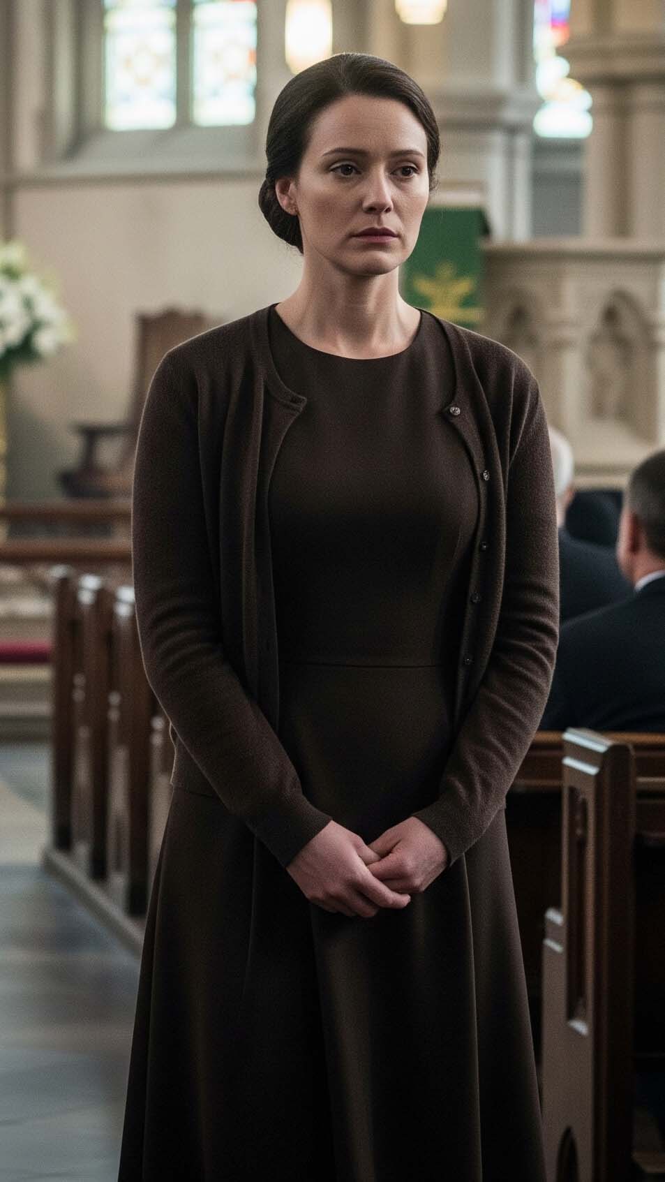 Abito marrone scuro per funerale donna: un'opzione sobria e rispettosa per partecipare a una cerimonia in chiesa.