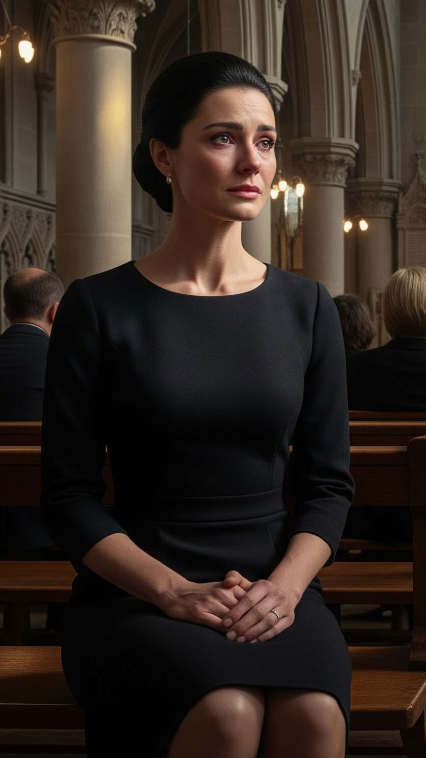 Donna con un elegante abito nero, esempio di outfit per un funerale, siede commossa su un banco durante una cerimonia in chiesa.