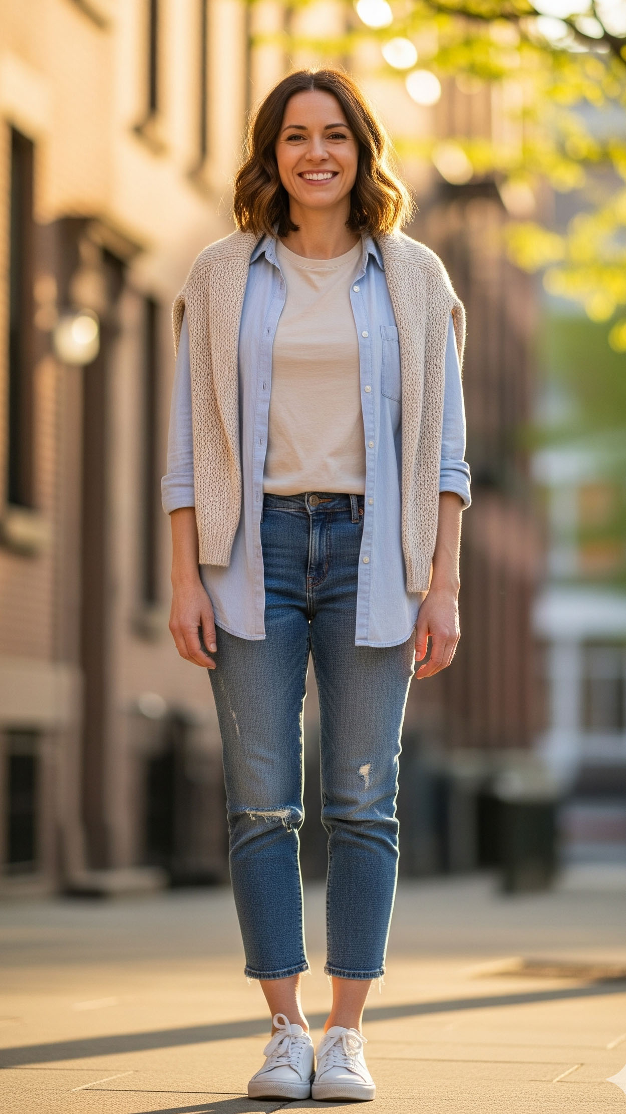 Donna con look a strati: t-shirt chiara, camicia di cotone e cardigan sulle spalle, outfit perfetto per 20 gradi primaverili.