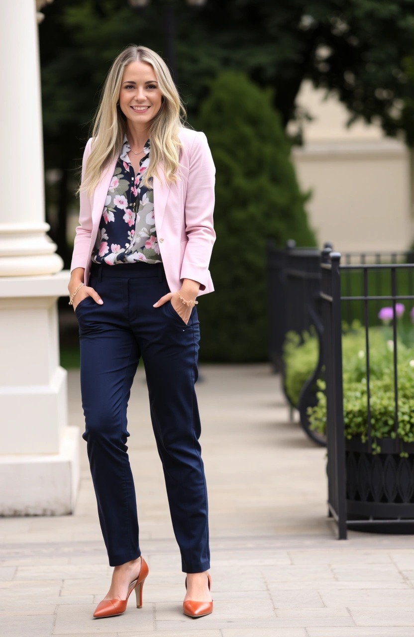Come abbinare un pantalone blu scuro da donna 15 Outfit primaverile elegante con pantalone blu scuro, blusa floreale nei toni pastello, blazer rosa cipria e slingback color cuoio