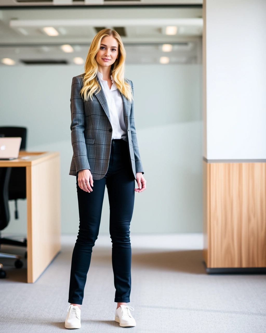 Cosa indossare e come vestirsi con 18 gradi 6 Donna in ufficio con blazer grigio a quadri, camicia bianca, pantaloni neri slim e sneakers bianche, outfit moderno e smart casual per l’ufficio a 18 gradi.