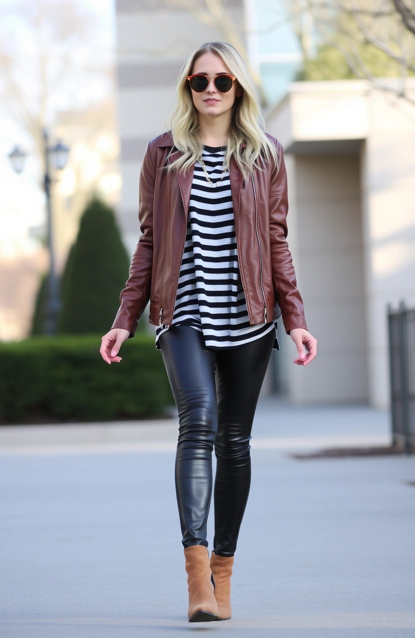 Donna con giacca di pelle marrone, camicia a righe bianche e nere e leggings effetto pelle neri, look casual urbano con stivaletti beige

