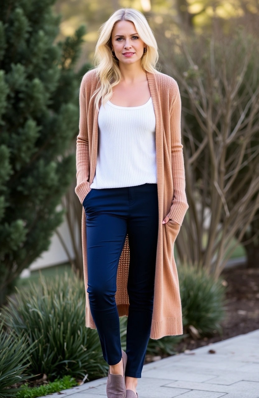 Come abbinare un pantalone blu scuro da donna 6 Outfit casual chic con pantalone blu scuro, canotta bianca a costine e cardigan lungo color cammello, abbinato a slip-on in suede taupe