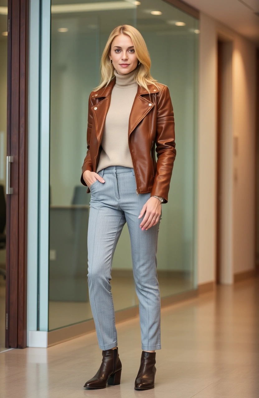 Donna con giacca di pelle marrone, dolcevita beige e pantaloni sartoriali grigio chiaro, look da ufficio elegante con ankle boots marroni

