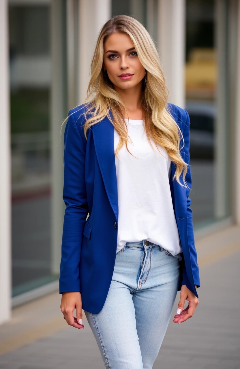 Donna con blazer blu, t-shirt bianca e jeans chiari – outfit casual chic da giorno


