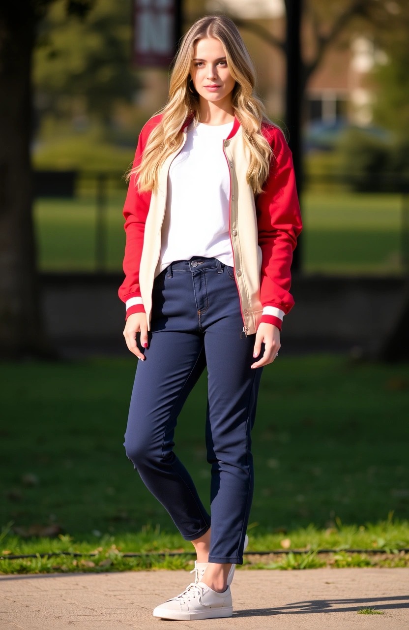 Come abbinare un pantalone blu scuro da donna 12 Stile preppy sporty-chic con pantalone blu scuro, t-shirt bianca in cotone e giacca varsity panna e rossa, con sneakers basse color crema